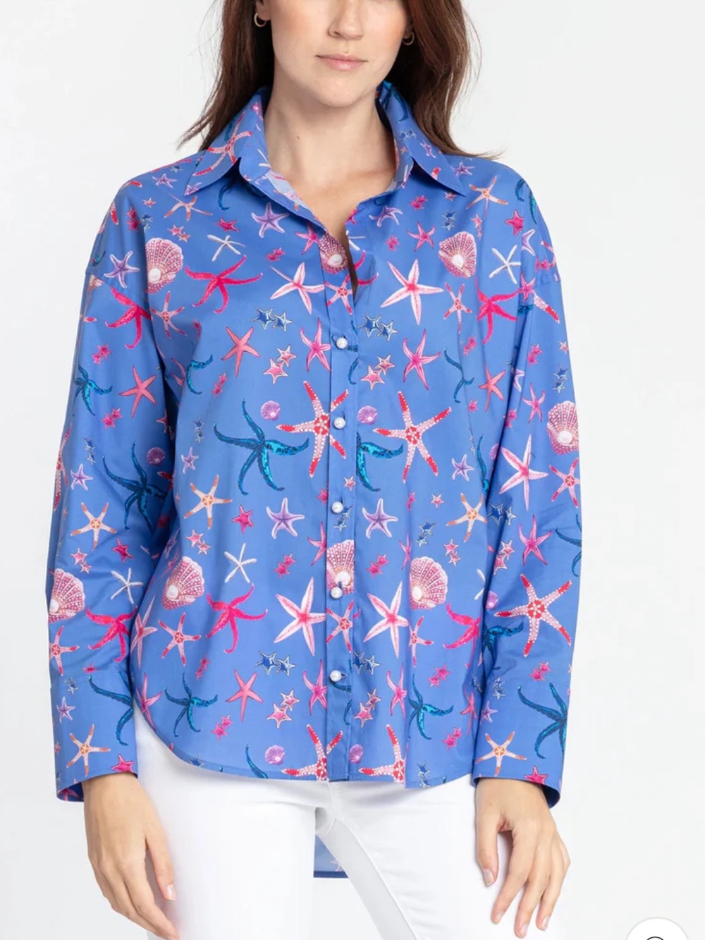 $275 HINSON WU LARISSA Long Sleeve Blue Starfish Print Button-Up Blouse Tunic L - Picture 3 of 13